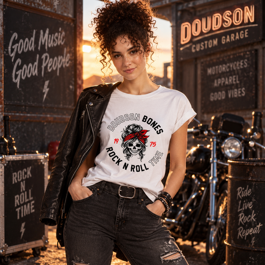 T-shirt femme blanc Rock'N'Roll DOUDSON BONES manches retroussées
