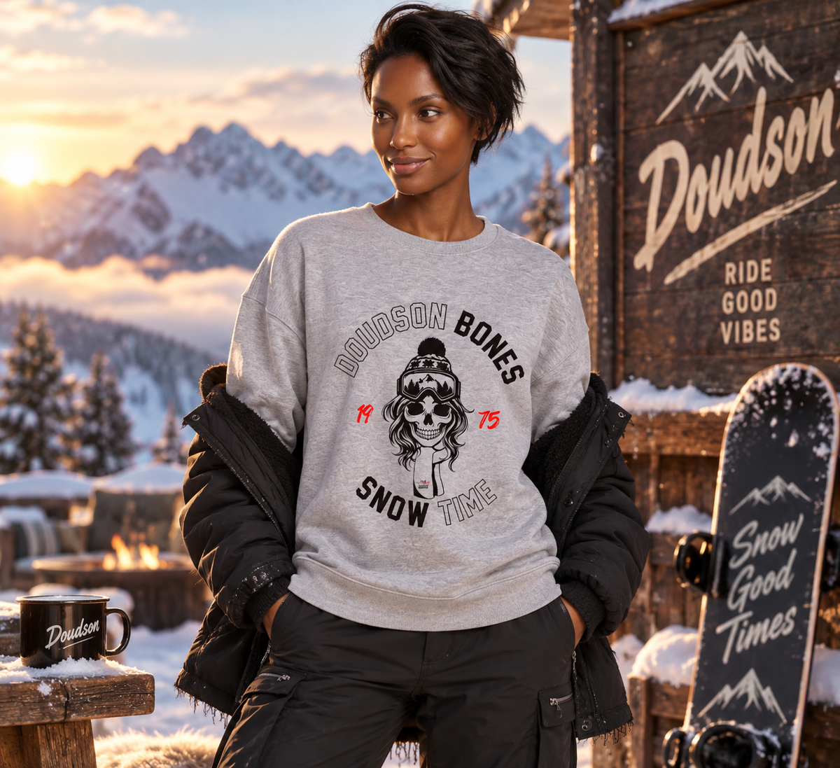 Sweat gris oversize DOUDSON BONES Snow Classic porté