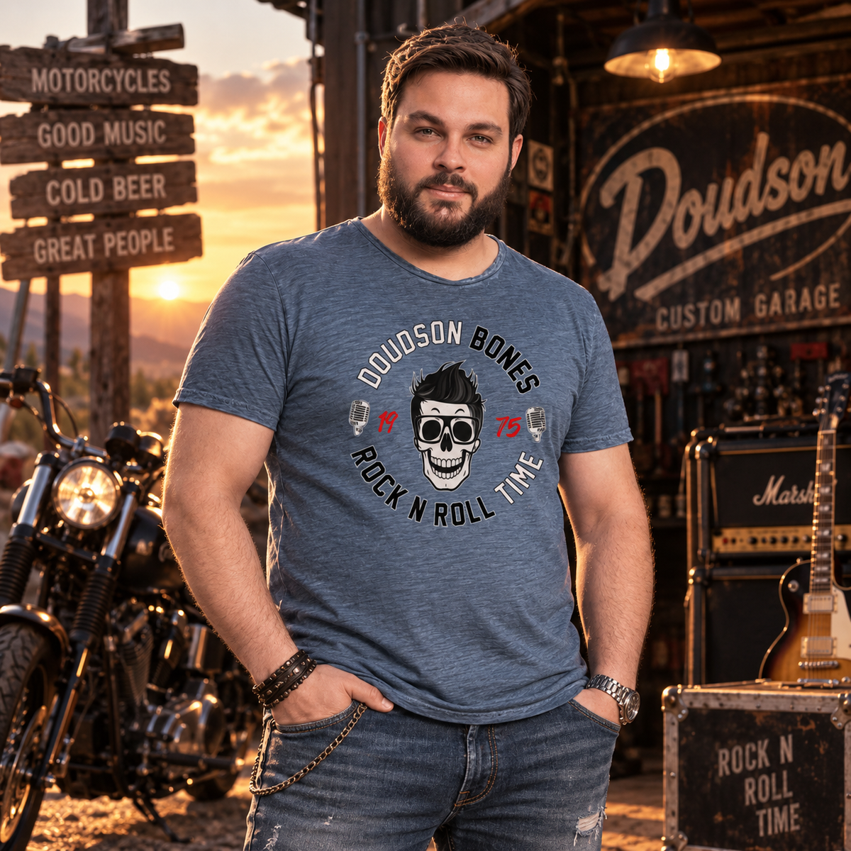 T-shirt vintage crâne Rock'N'Roll DOUDSON BONES porté