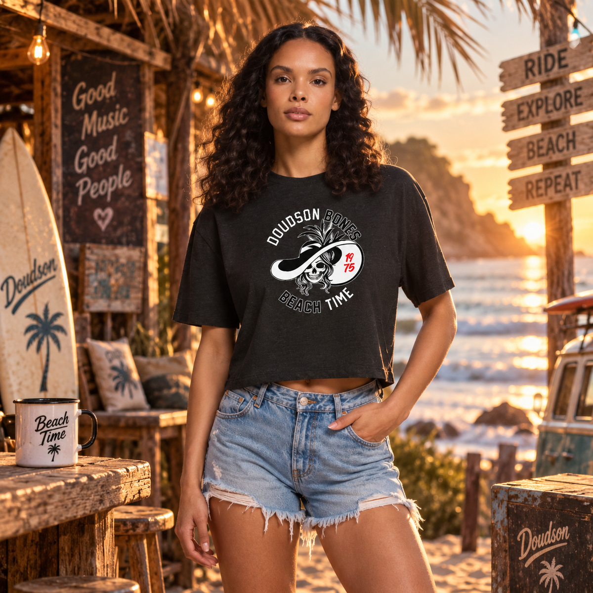 Crop top femme noir BONES Beach Time Black & White DOUDSON