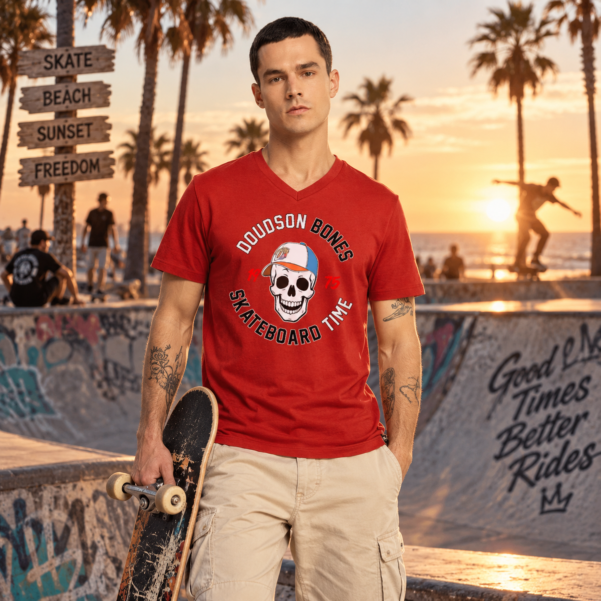 T-shirt col V crâne DOUDSON BONES Skateboard porté