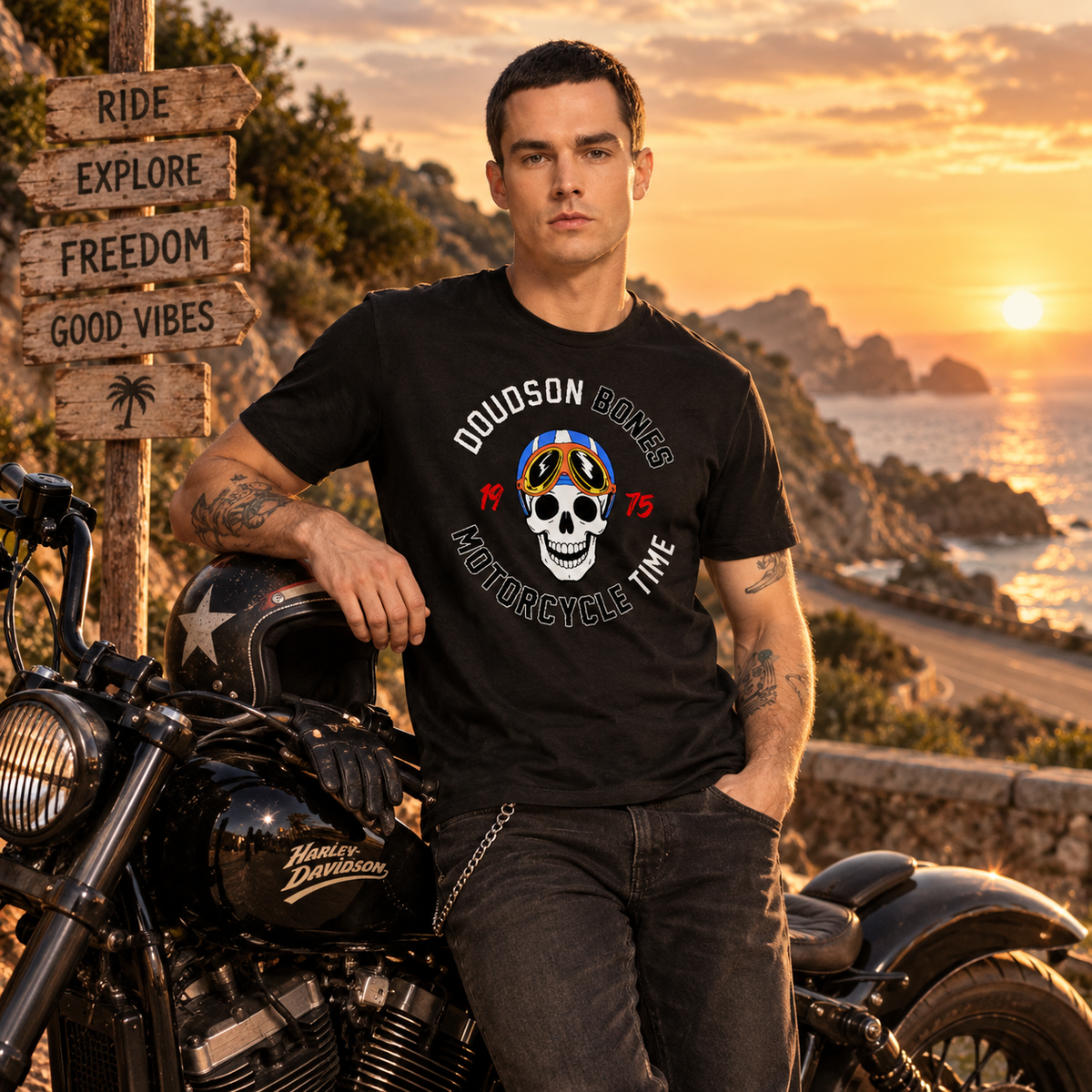 T-shirt noir crâne moto DOUDSON BONES Motorcycle porté