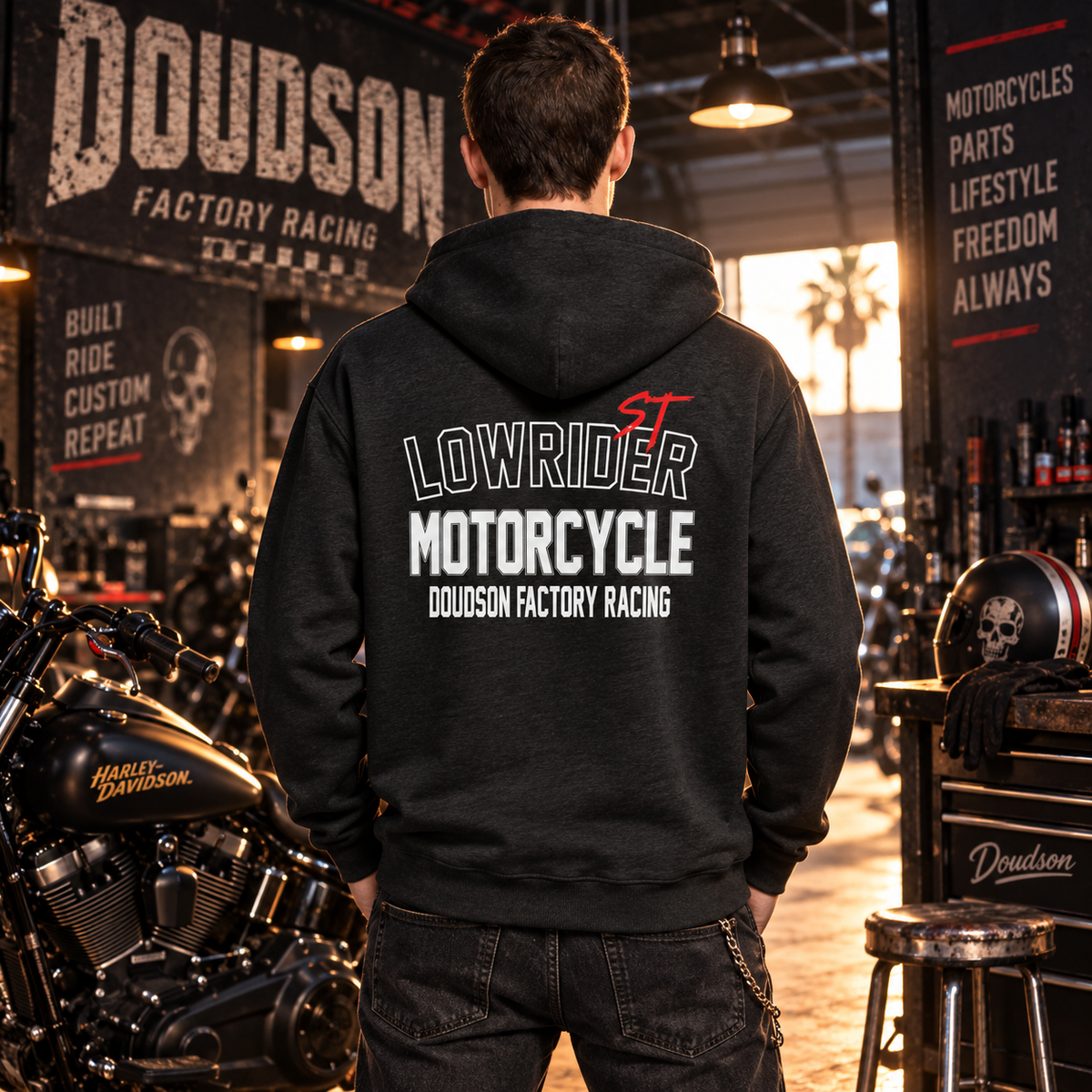 Veste à capuche moto homme Low Rider ST DOUDSON Factory Racing portée