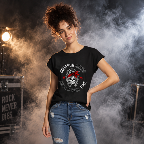 T-shirt femme noir Rock'N'Roll DOUDSON BONES manches retroussées