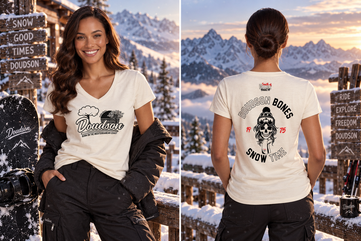 T-shirt femme col V DOUDSON BONES Snow porté