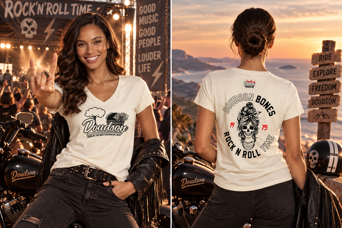 T-shirt femme blanc col V BONES Rock'N'Roll Black & White