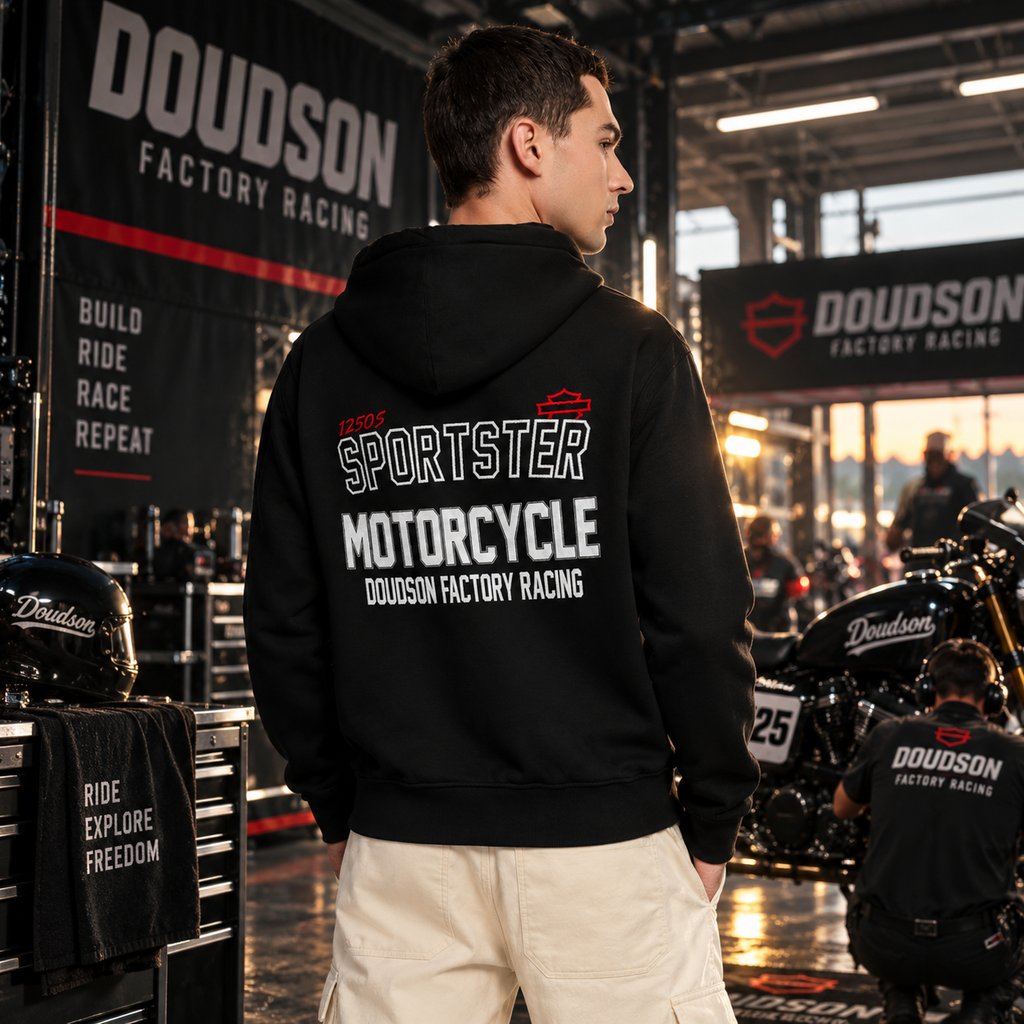 Veste à capuche moto homme Sportster 1250 S DOUDSON Factory Racing portée