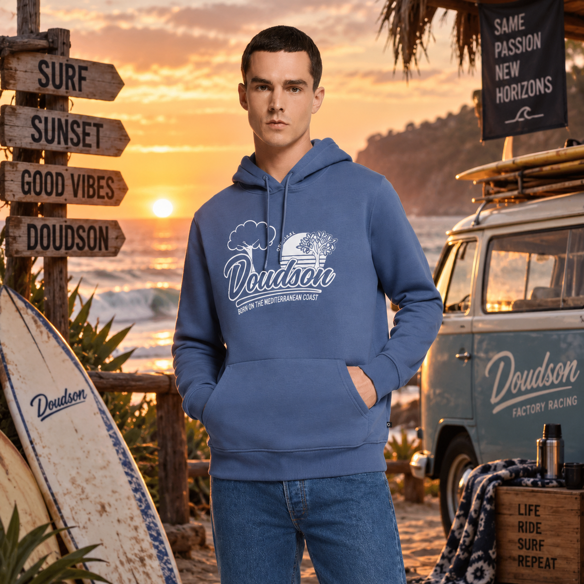 Sweat à capuche bleu logo DOUDSON Original White porté homme