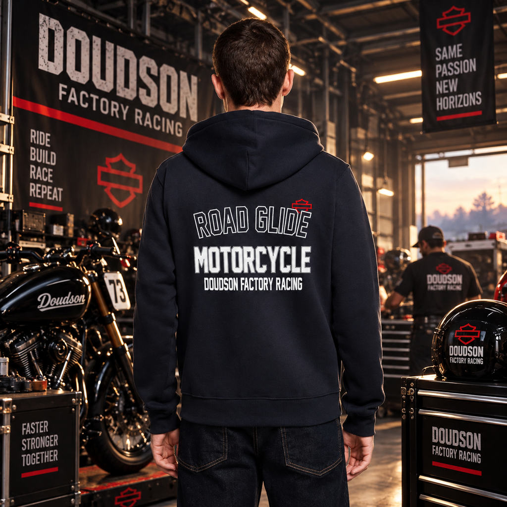 Veste à capuche moto homme Road Glide DOUDSON Factory Racing portée