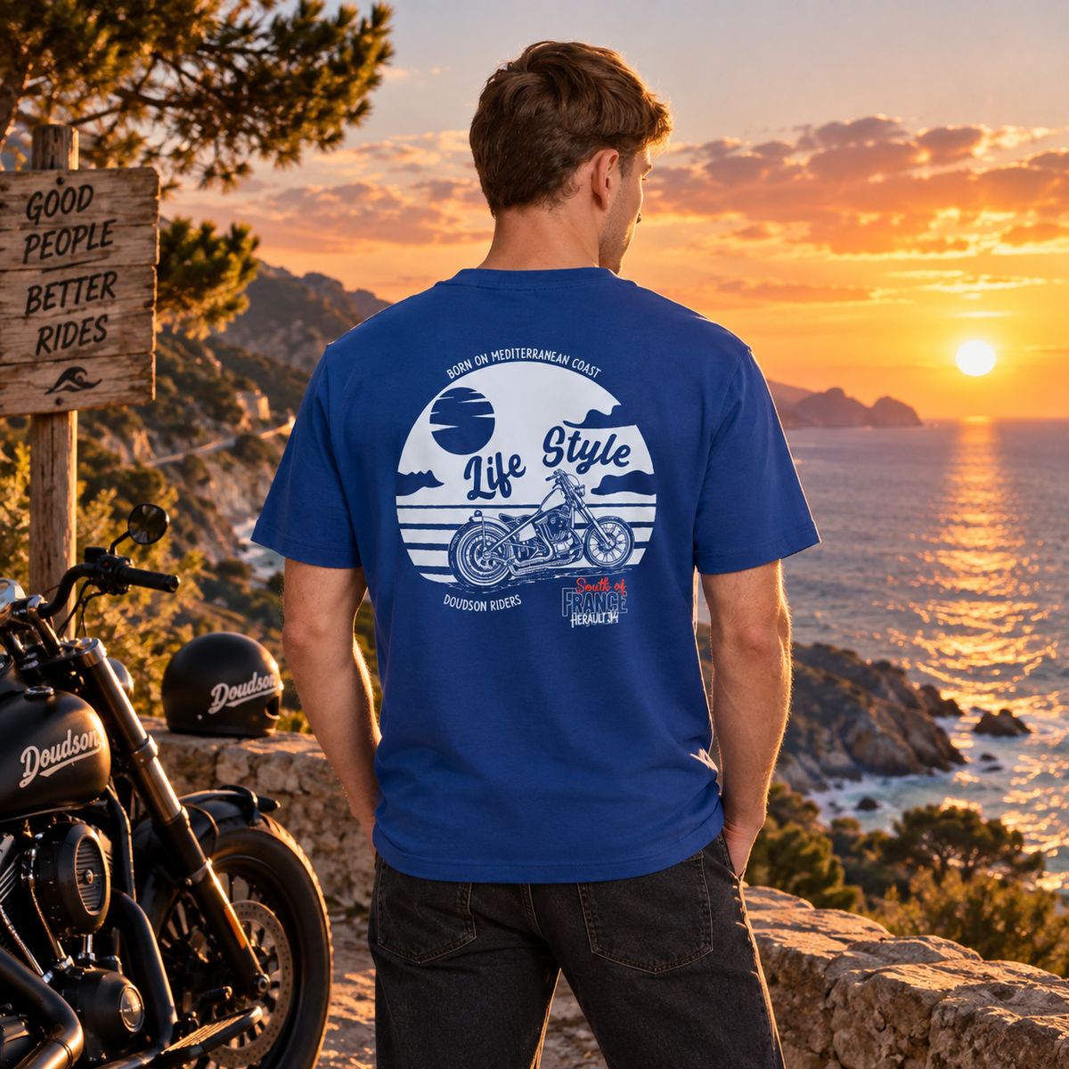 T-shirt moto Sunset Ride Relaxed Fit DOUDSON RIDER porté