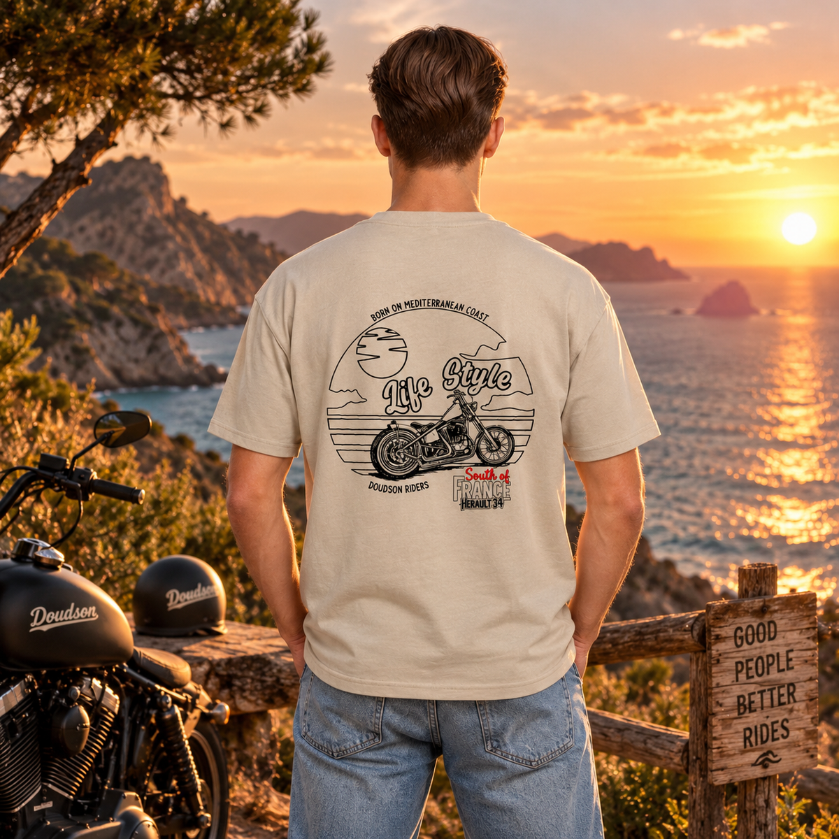 T-shirt moto Sunset Ride Oversize Bio DOUDSON RIDER porté
