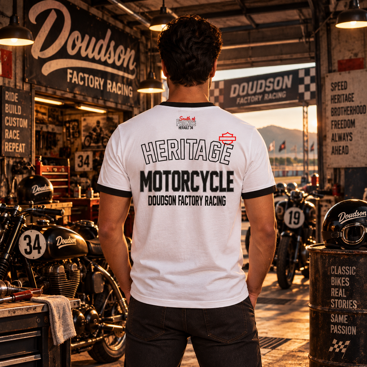 T-shirt moto Heritage contrasté DOUDSON Factory Racing porté
