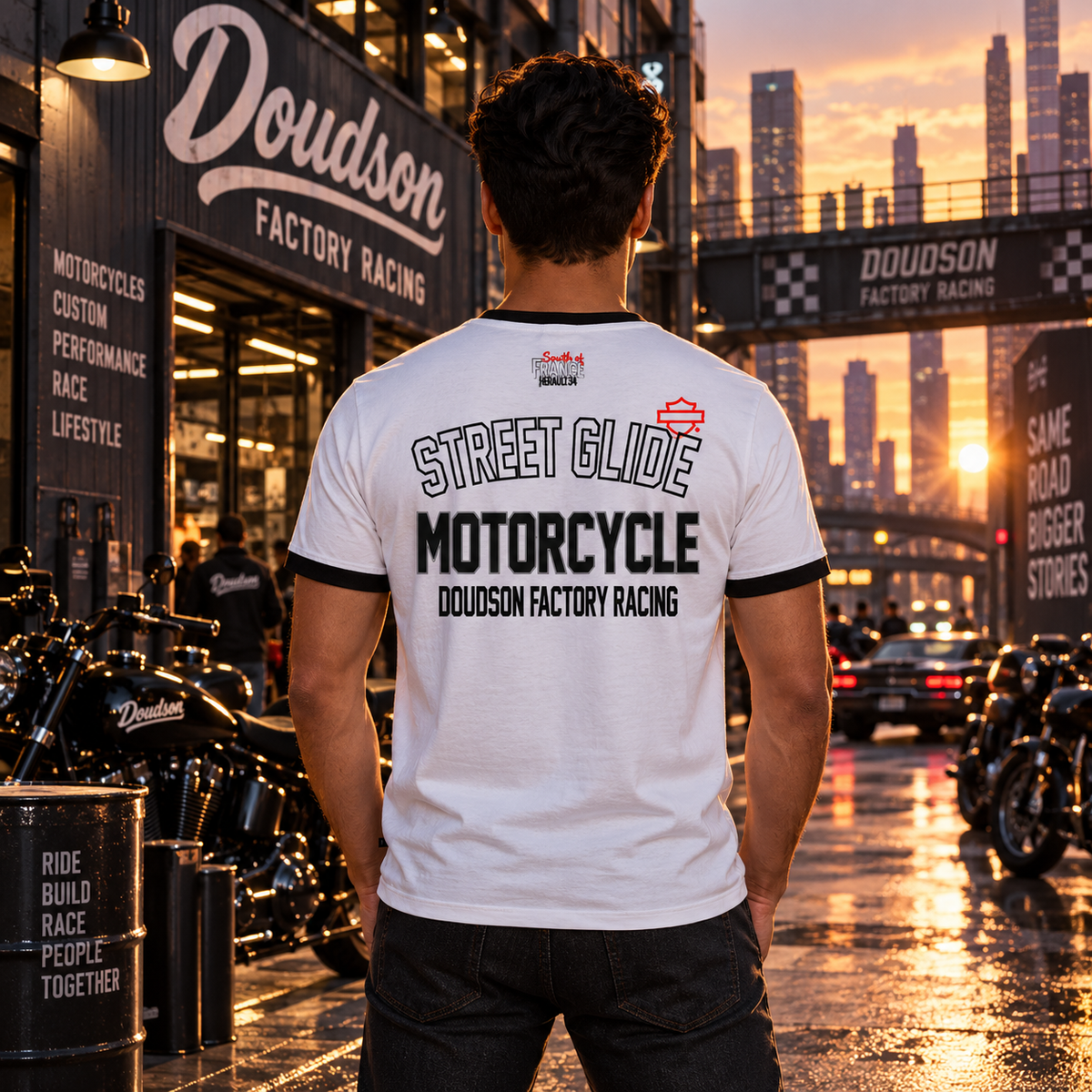 T-shirt moto Street Glide contrasté DOUDSON Factory Racing porté