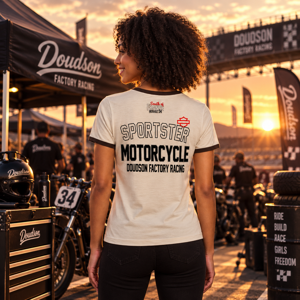 T-shirt moto femme Sportster DOUDSON Factory Racing porté