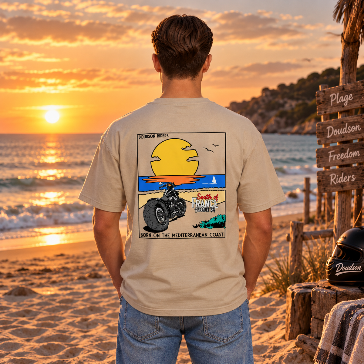 T-shirt moto DOUDSON RIDER Sunset Beach avec coucher de soleil
