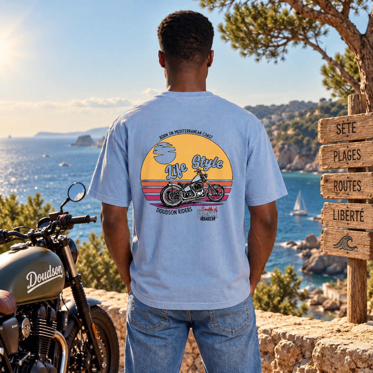 T-shirt moto Sunset Ride Acid Wash DOUDSON RIDER porté