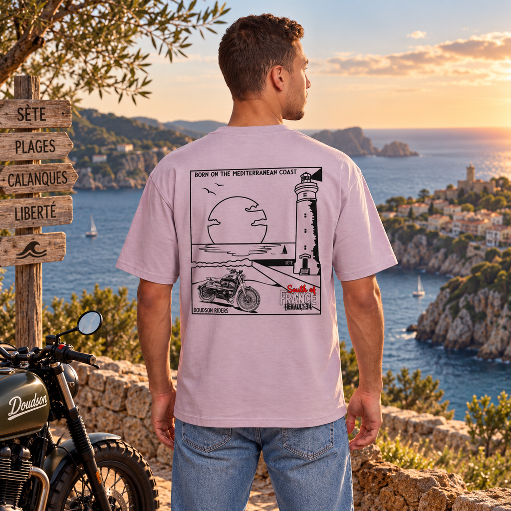 T-shirt moto Sète Sunset Oversize DOUDSON RIDER porté