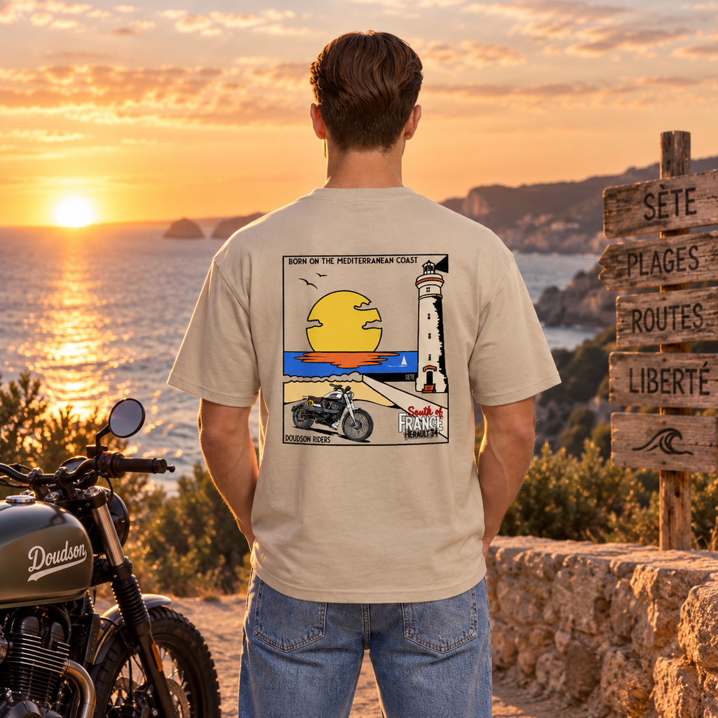 T-shirt moto DOUDSON RIDER Phare de Sète au design rétro méditerranéen